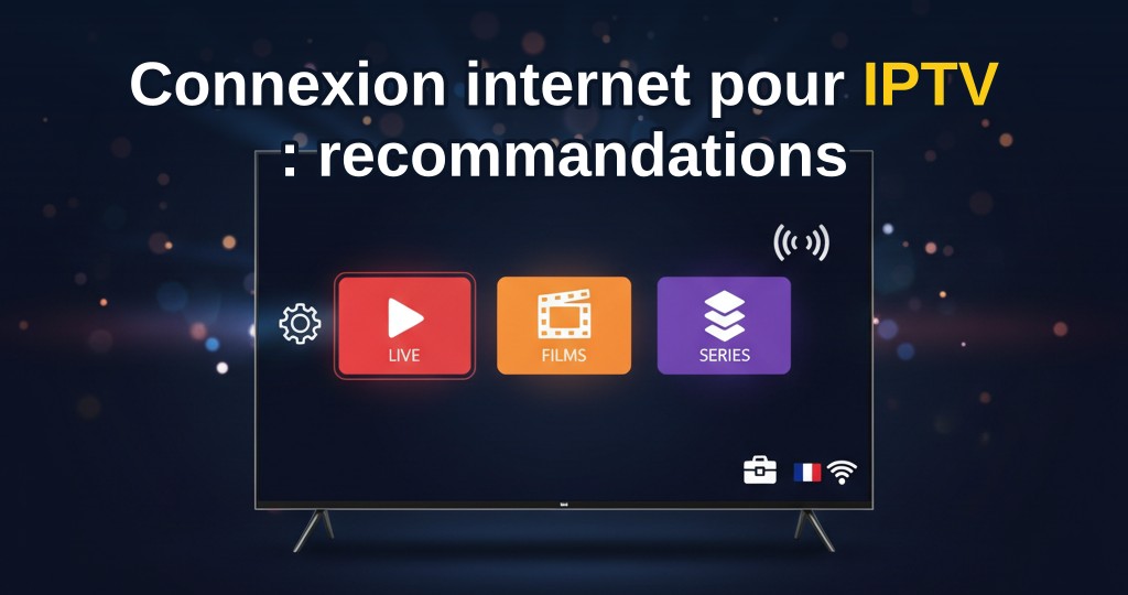 Schéma d'une connexion IPTV avec box internet, routeur, câble Ethernet et téléviseur affichant des chaînes en direct.