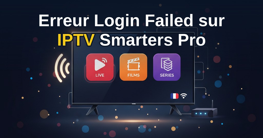 Illustration de l'erreur de connexion Login Failed sur un écran de télévision avec l'interface IPTV Smarters Pro affichant un message d'échec d'authentification.