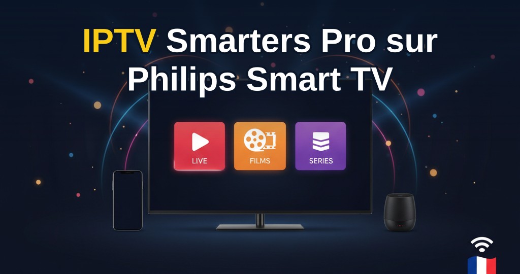Philips Smart TV affichant l'interface d'IPTV Smarters Pro avec une chaîne 4K en arrière-plan