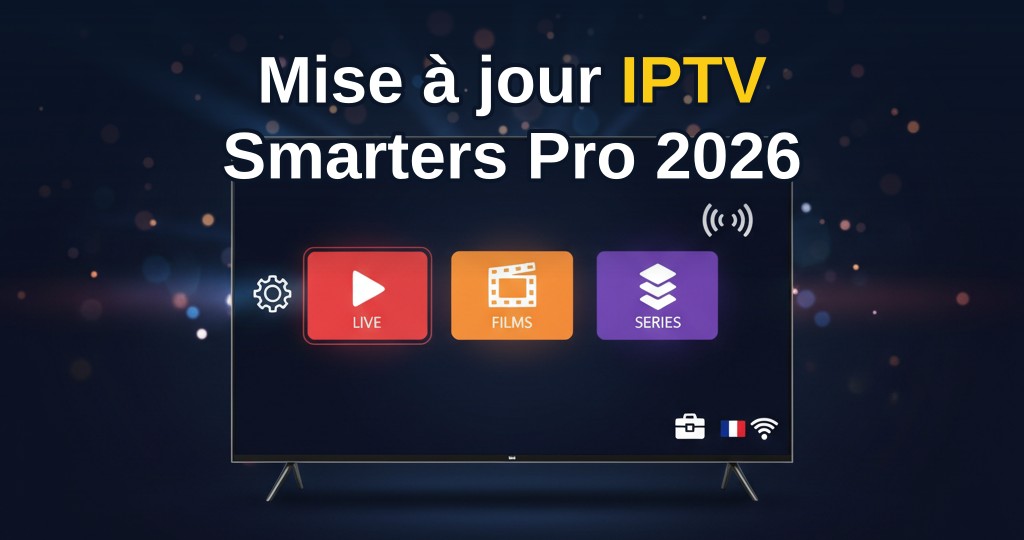 Interface de la mise à jour 2026 d'IPTV Smarters Pro sur écran de télévision avec accès aux chaînes et films en 4K
