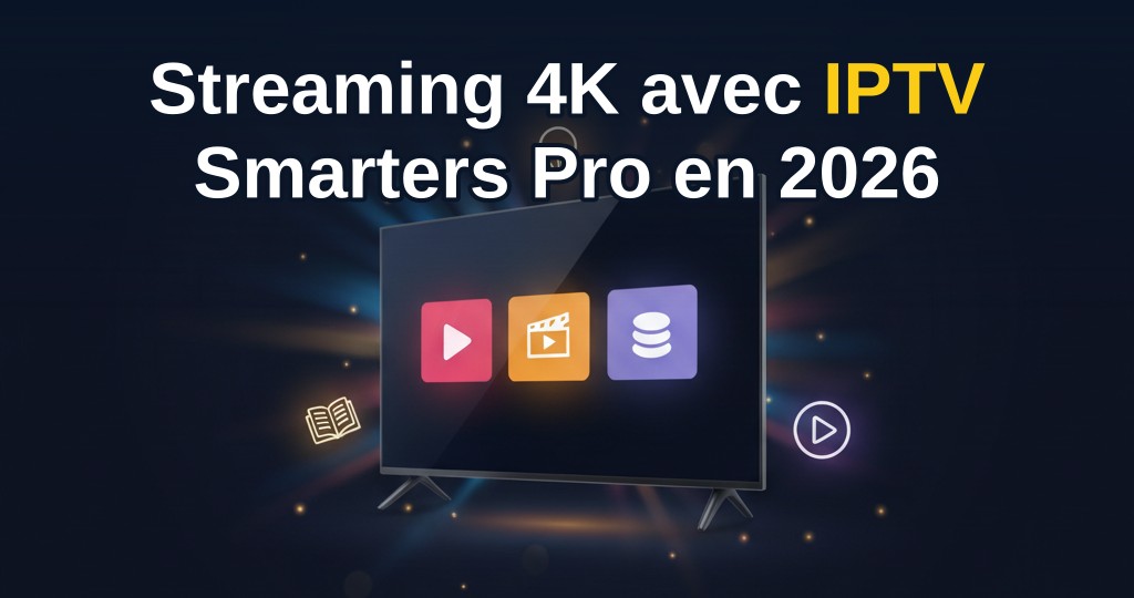 Image d'un téléviseur moderne affichant du contenu 4K sur l'interface IPTV Smarters Pro, avec une manette et un boîtier Android à proximité.