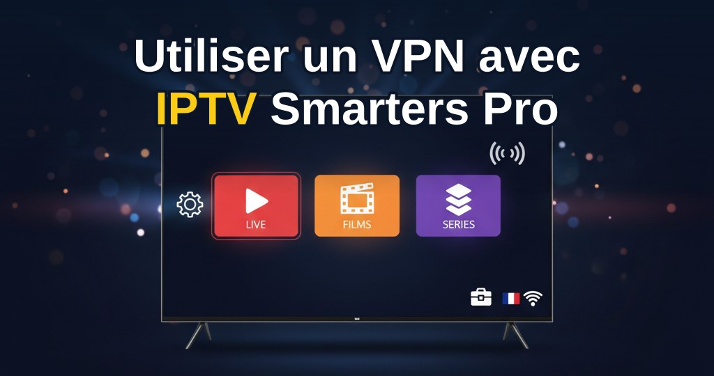 Capture d'écran d'une application IPTV Smarters Pro sur une télévision, avec un icône de VPN superposé et un routeur en arrière-plan
